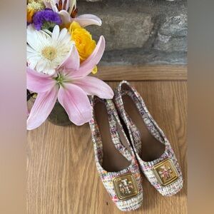 Tory Burch Multicolor Tweed Flats with Gold Buckle